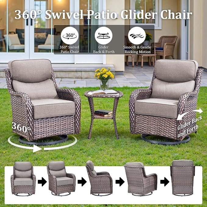 Luxury High Back Patio Furniture Set with 6-Inch Thick Cushions, 5-Pieces Outdoor Furniture with Swivel Chairs Fire Pit, Wicker Conversation Set for Porch, Balcony, Deck and Yard, Brown/Grey