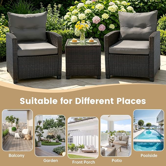 SHGJ&SOFT 3 Pieces Patio Furniture Set, Outdoor Conversation Set with Cushions, PE Rattan Wicker Bistro Set and Tempered Glass Tabletop, Outdoor Rattan Sofa for Poolside,Porch,Balcony (Grey)