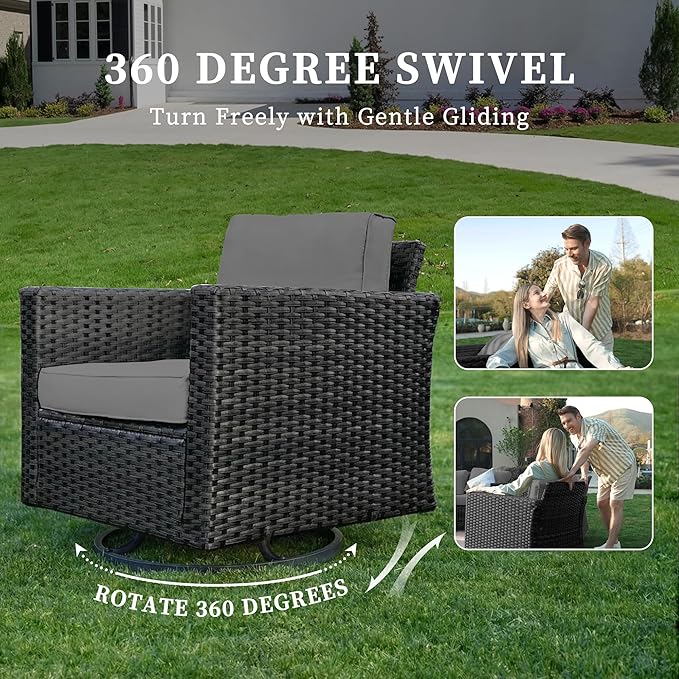 UDPATIO Patio Furniture Set with Fire Pit Table, Rocking Swivel Chairs, 5 Pieces Outdoor Furniture Sets, All-Weather Wicker Outdoor Sectional Sofa with Waterproof Cover, 4'' Thickened Cushion, Grey