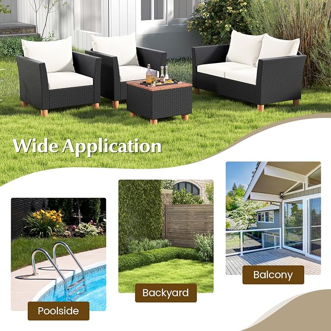 HAPPYGRILL 4 Pieces Wicker Patio Conversation Set, PE Rattan Chair & Ottoman Set with Removable Cushions, Storage Coffee Table, Outdoor Furniture Set for Garden Backyard Poolside (Off White)