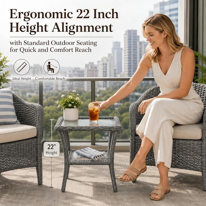 HUMMUH 20-Inch Wicker Patio Side Table with Tempered Glass Top, Grey | Powder-coated aluminum frame, PE rattan, lower storage shelf, 66 lbs capacity, 20x20x22 inches, hardware included