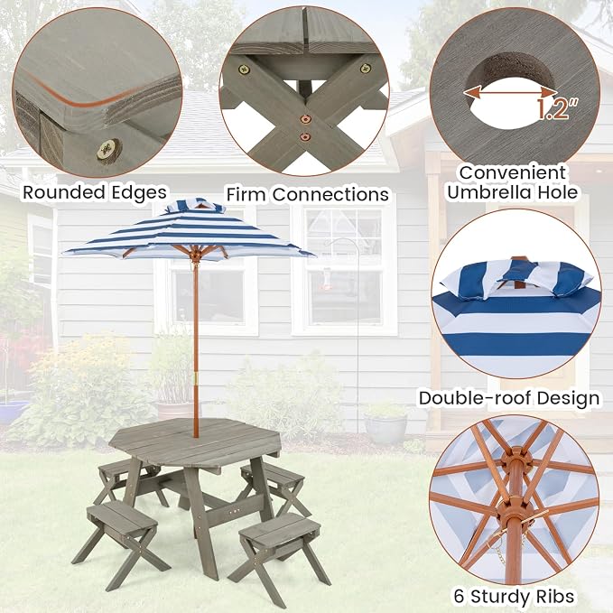 Costzon Kids Picnic Table, Fir Wood Octagon Kids Table and Chair Set with Removable Umbrella, Toddler Activity Table for Backyard, Garden, Patio, Kids Outdoor Furniture for Boys Girls (Grey)