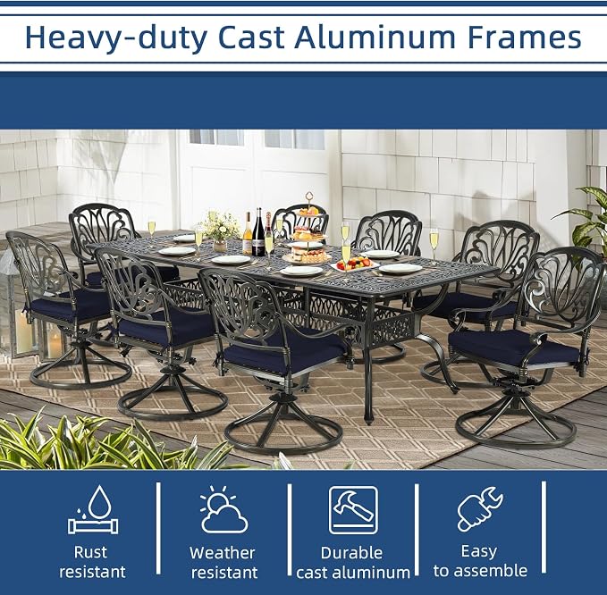 9-Piece Patio Cast Aluminum Dining Set, Outdoor Dining Furniture Set for 8 Person, Includes 94.5" Rectangular Dining Table and 8 Swivel Chairs with Umbrella Hole, Navy Blue