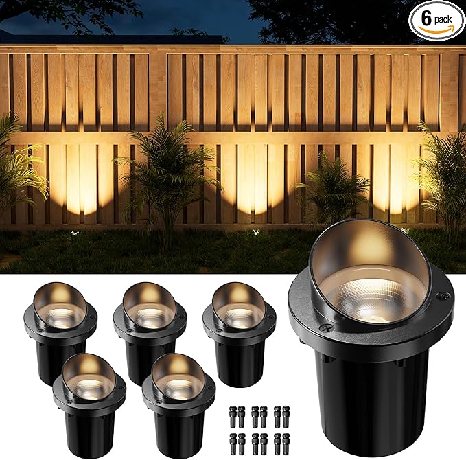 6 Pack Low Voltage Well Lights with Glare Shield, 3000K Warm White LED Aluminum Landscape In-Ground Lamps, Waterproof 12-24V Uplights for Garden, Path, Wall, Columns, Bushes, Connectors Included