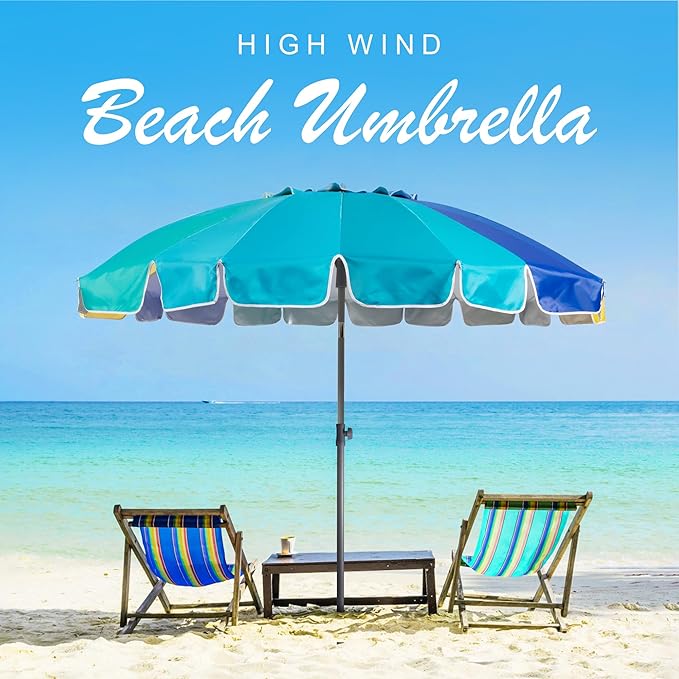 AMMSUN 7.5ft Heavy Duty HIGH Wind Beach Umbrella with sand anchor Vent Tilt Portable Sun Shelter, UV 50+ Protection Outdoor Sunshade Umbrellas Carry Bag for Patio Garden Pool Backyard Multicolor Blue