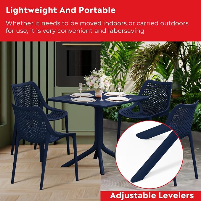 Costaelm Patio Dining Table for 4, Square PP Patio Table, 4-Person Weather Resistant Porch Tables for Outside Poolside Deck Lawn Garden Backyard, Navy Blue