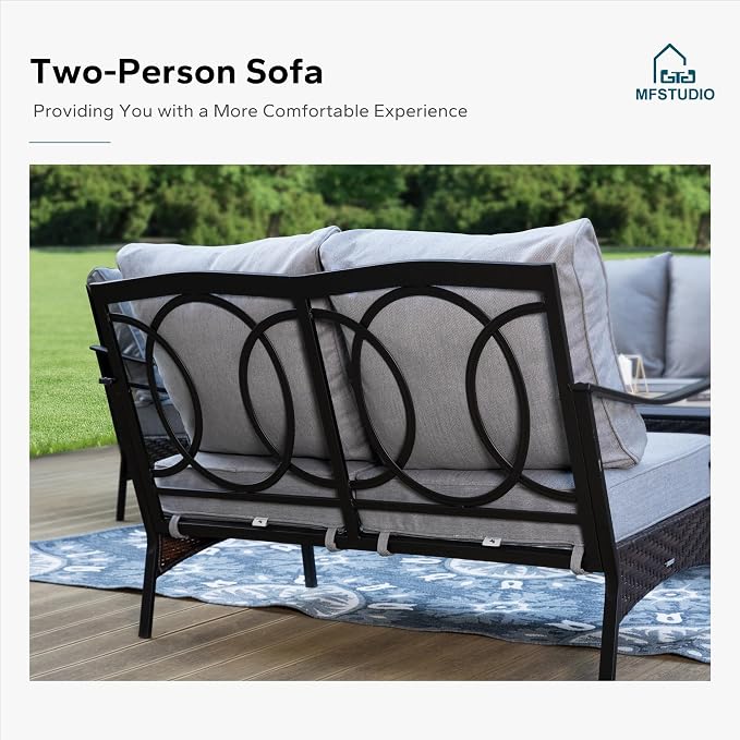 MFSTUDIO 5 PCS Outdoor Patio Furniture Set, Metal Outdoor Conversation Set, Rattan Wicker Patio Sectional Sofa Set with 2 x Fixed Single Sofa, 2-Seat and 3-Seat Sofa, 1 x Coffee Table, Grey