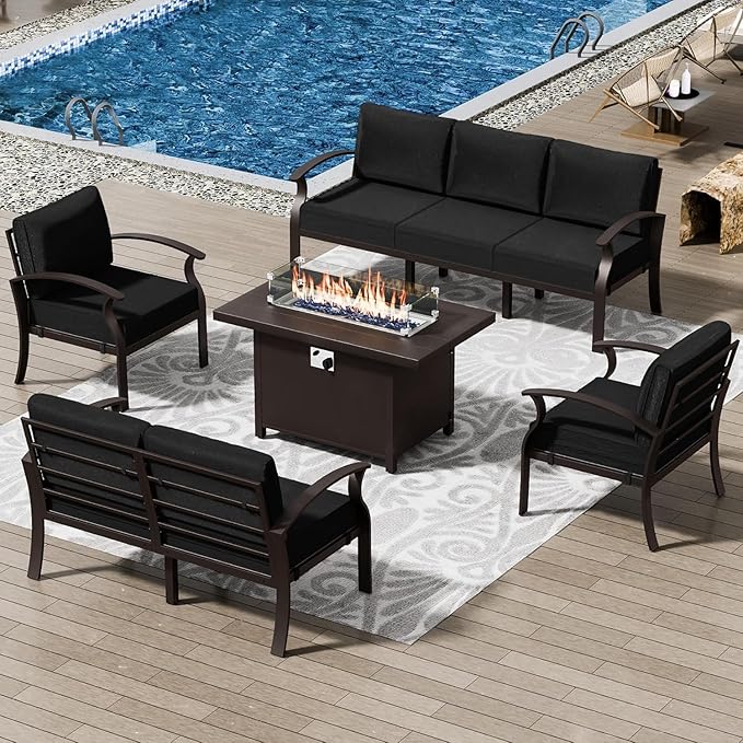 Patio Furniture Set 5-Piece Aluminum Armrest Sofa, Modern Outdoor Living Room Set with 55000 BTU Propane Aluminum Fireplace, Outdoor Rotary Joystick with Thick Cushion