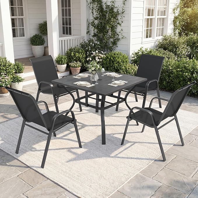 Outdoor Dining Set for 6, 7pcs Patio Table and Chairs Set with Adjustable Umbrella Hole,Heavy Duty 63”x37.8” Metal Dining Table and Stackable Patio Chair for Yard, Garden, Porch