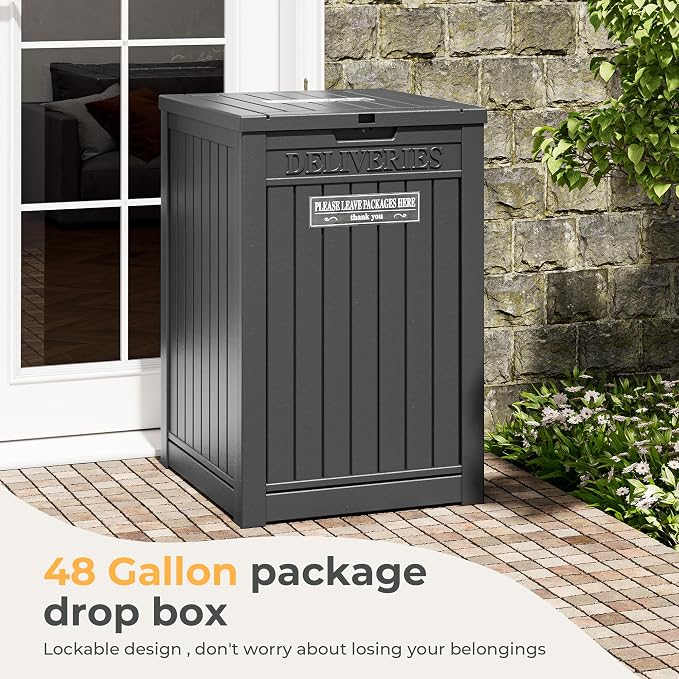 Package Delivery Box for Outside With Sign, Lockable Outdoor Storage Box Waterproof Deck Box, Large Double Wall Resin Parcel Drop Boxes, 48 Gallon, Black