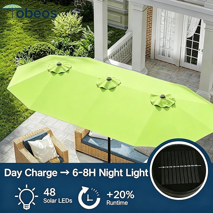 15ft Large Patio Umbrella with Solar Lights and Base, Double-Sided Outdoor Rectangle Umbrella with 48 LED Lights, Market Table Umbrellas with UV Resistant Canopy