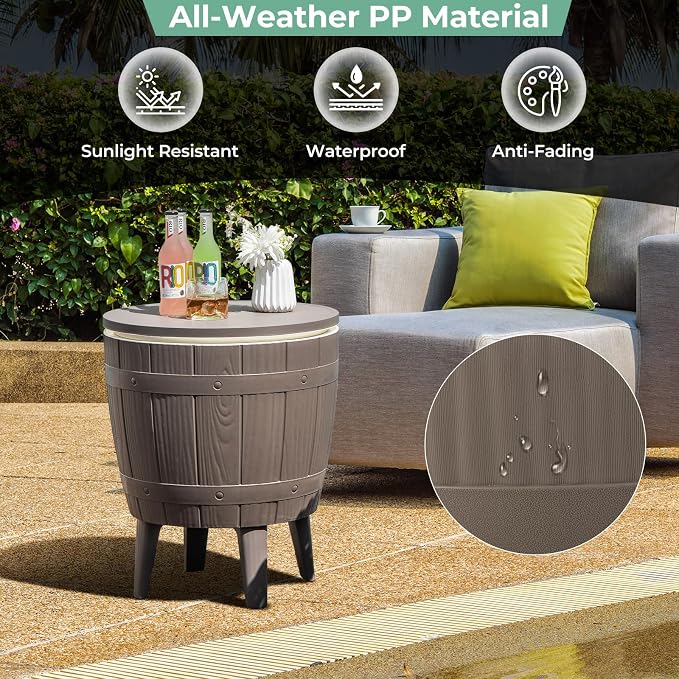 10 Gallon Cooler Table, Cool Bar Table with Height Adjustable Tabletop & Drainage Plug, 3-in-1 Cocktail Drinks & Wine, Outdoor Cooler Side Table for Backyard, Party, Poolside (Brown)