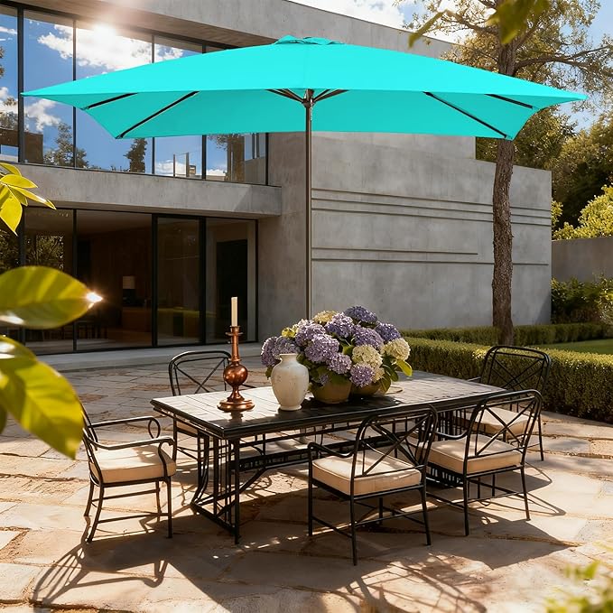 8x10FT Rectangular Patio Umbrella with Crank Lift for Garden,UV Protection Outdoor Umbrella for Deck,Pool and Yard,Turquoise