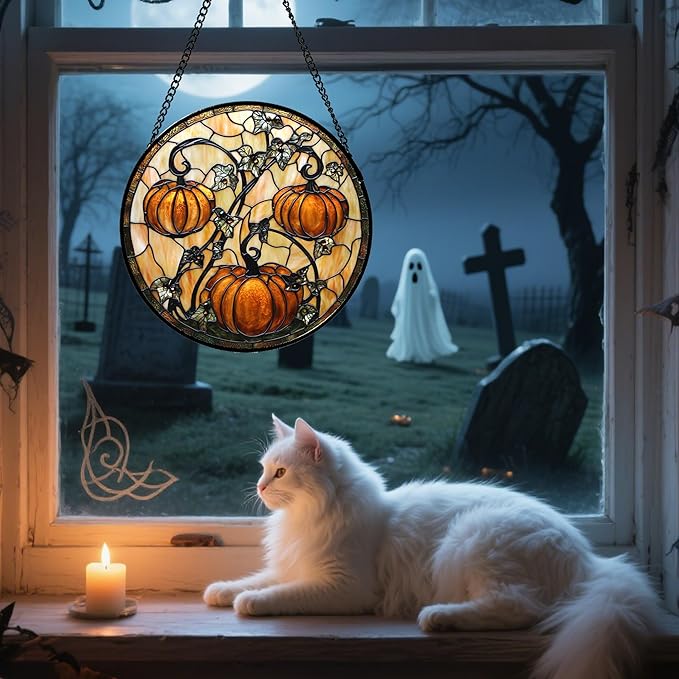 DASTOLL Stained Glass Window Hanging - Halloween Decoration Orange Pumpkin Vine Leaves Suncatcher for Door Garden Spooky Sun Catchers Gothic Decor Horror Gifts for Women Men Friend Boy Girl 6.3 in