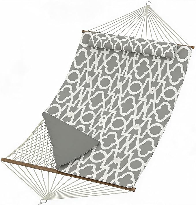 Garvee Double Quilted Fabric Hammock with Hardwood Spreader Bars and Pillow 450 LBS Capacity 2 Person Large Hammock for Outdoor Patio, Backyard, Poolside（Light Gray Stripes）