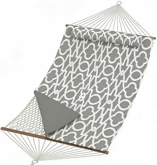 Garvee Double Quilted Fabric Hammock with Hardwood Spreader Bars and Pillow 450 LBS Capacity 2 Person Large Hammock for Outdoor Patio, Backyard, Poolside（Light Gray Stripes）