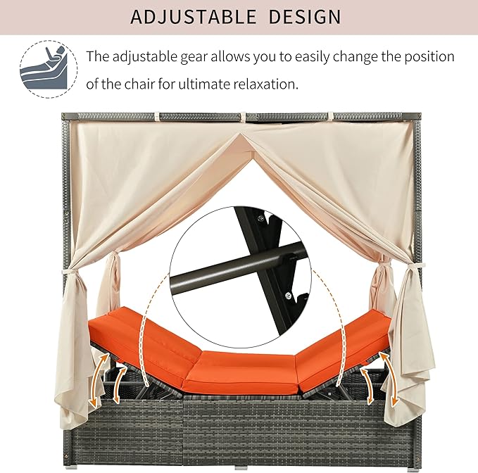 KEVINSPACE Outdoor Daybed with Curtain Canopy Bed Patio Furniture Adjustable Sunbed Set All-Weather Rattan Sun Lounger Patio Wicker Sofa Set Patio Conversation Set Curtains for Garden Yard Orange