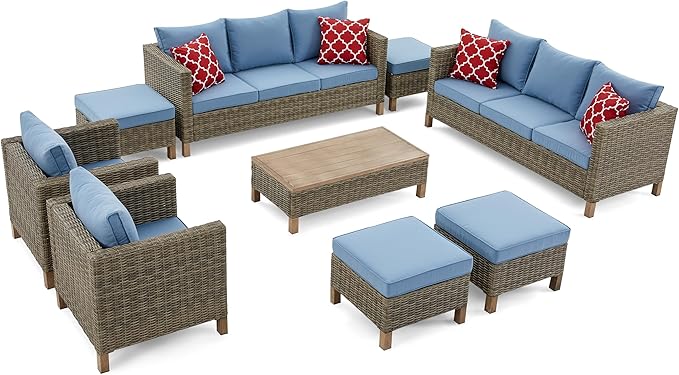 9 Pieces Outdoor Patio Furniture Sets, Wicker All Weather Sectional Sofa with Metal Top Coffee Table, Rattan Conversation Set Outdoor Patio Couch Furniture for Backyard, Garden, Porch, Poolside, Blue