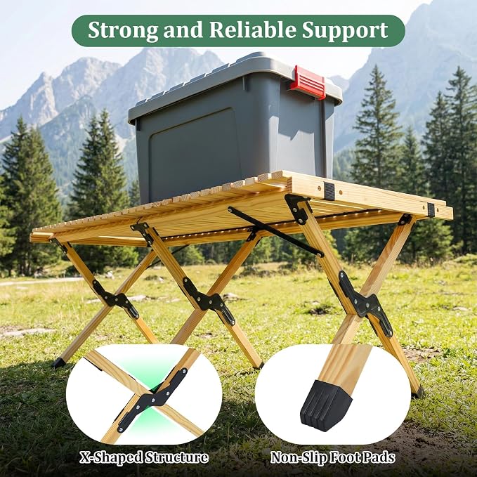 COSTWAY Folding Picnic Table, Portable 4ft Roll Up Camping Table with Storage Bag, for 4-6 People, Low Height Foldable Pine Wood Bench Table, for Indoor & Outdoor Party, BBQ & Hiking