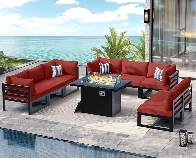 NICESOUL 8 Seat Modern Aluminum Patio Furniture Set with Fire Pit Table, 500 lbs Heavy Duty Outdoor Sectional Sofa, 29" Deep Wide Oversized Seating L Shaped Conversation Couch for Deck Lawn, Burgundy
