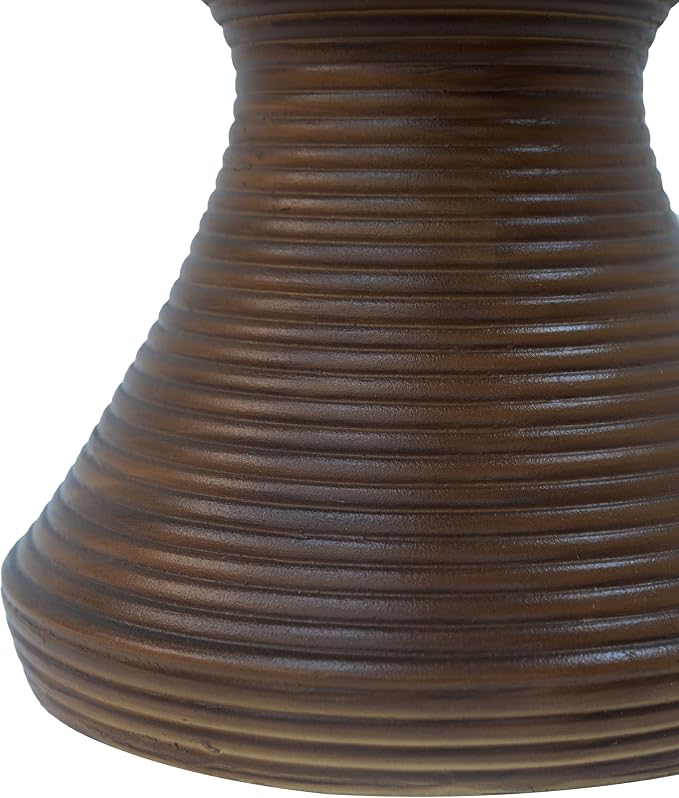 Round Outdoor Side Table, Ribbed Concrete Patio End Table with Hourglass Design, Samll Accent Side Table for Patio, Garden, Balcony (Brown)