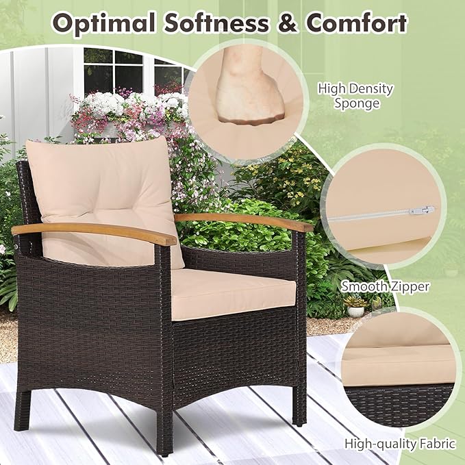 KOTEK 3-Piece Patio Furniture, Outdoor Conversation Set with Removable Cushions, Acacia Wood Tabletop and Armrests, PE Rattan Wicker Bistro Set for Porch, Balcony, Backyard (Beige)