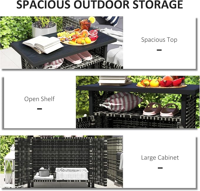 Outsunny Outdoor Pool Towel Storage Cabinet Organizer, Outdoor Bar Table with Shelf and Cabinet, Pool Towel Holder Pool Valet with Weather-Resistant PE Rattan and Steel Frame, Mixed-Gray