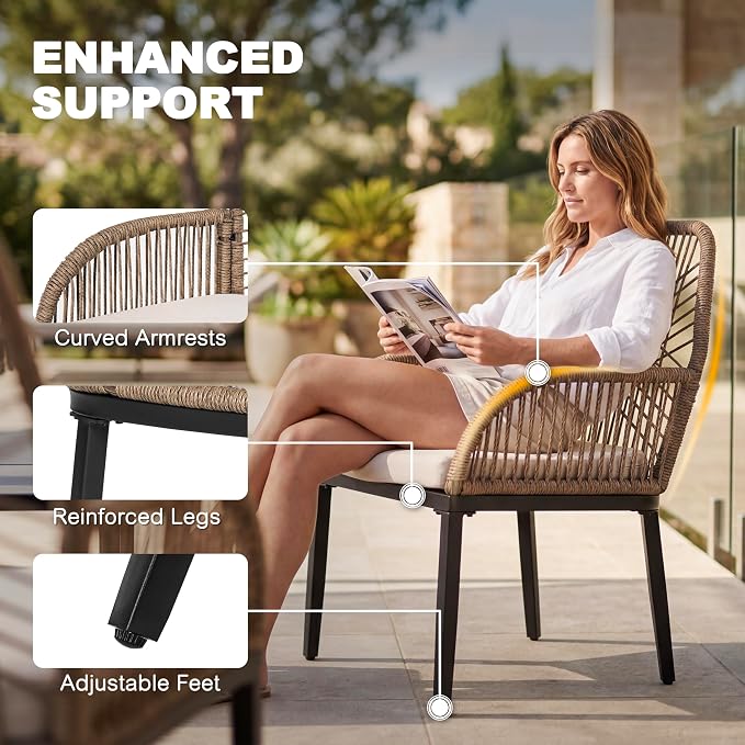 NUU GARDEN 7-Piece Patio Table and Chairs with Cushions, Outdoor Dining Set for 6, Rectangular Metal Table and Rattan Chairs with Umbrella Hole for Lawn Garden Backyard Deck, Brown