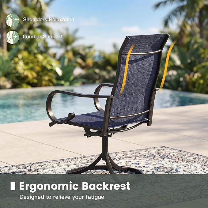 9 Pieces Patio Dining Set, 8 Outdoor Swivel Dining Chairs with 60" Round Metal Outdoor Dining Table with Umbrella Hole for Garden Backyard Deck, Dark Blue & Black