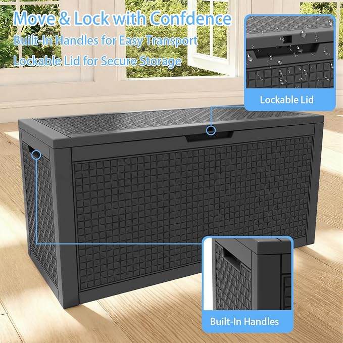 110 Gallon Outdoor Deck Storage Box, All Weather Diamond Woven Textured Lockable Storage Bin for Poolside, Patio & Backyard Large Outdoor Storage (Black,110GAL)