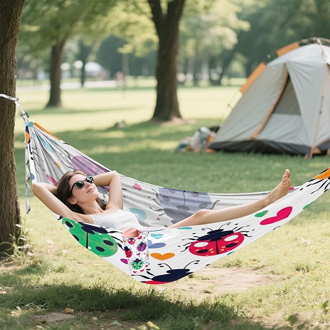 Qilmy Colorful Lady Bugs Camping Hammock Single – 330 lbs Capacity, Lightweight with Tree Straps & Carabiners, Portable for Hiking, Travel, Backpacking