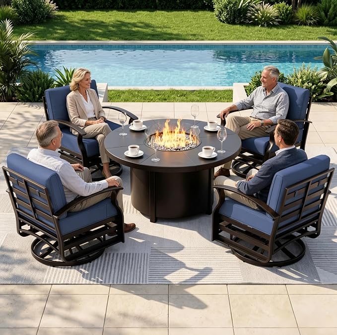 Aluminum Outdoor Patio Furniture Set,5 Pieces 4 Seats Patio Conversation Sets with 48" Round Propane Fire Pit Table,Metal Furniture Set with Thick Cushion,Navy Blue