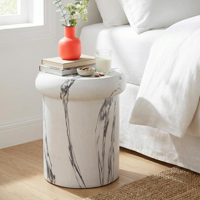 Merax 18.11" H Sculptural MGO Side Table, Modern Round End Table with Faux Marble&Travertine Finish, Indoor/Outdoor Versatile Pedestal Stool, Faux Marble