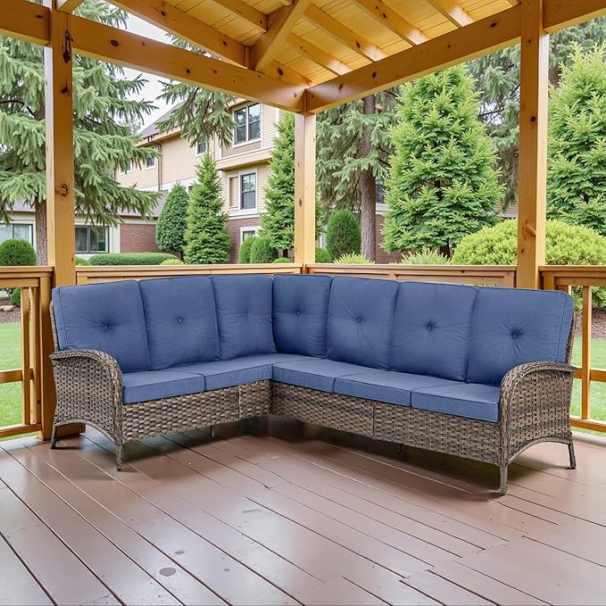 Belord 6-Seater Outdoor Sectional Sofa L Shaped Couch Patio Conversation Furniture Set, PE Wicker Patio Sectional Sofa with Removable Blue Cushion for Deck Sunroom Backyard
