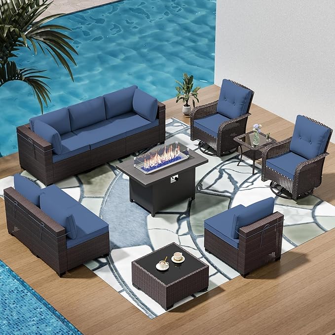 11 Pieces Outdoor Patio Furniture Set,Outdoor Sectional Furniture with 45" 55000 BTU Gas Propane Fire Pit Table,PE Rattan Wicker Patio Conversation Set,Swivel Rocking Chairs Set,Navy Blue