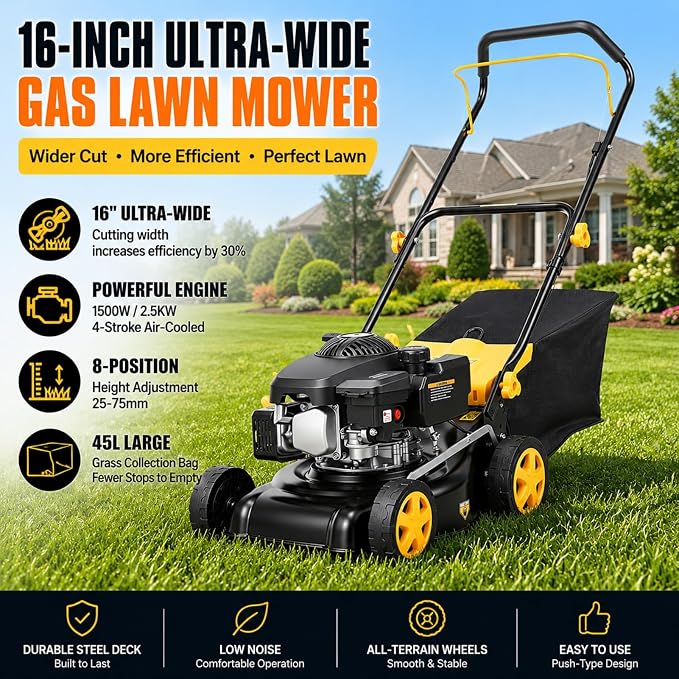 16-Inch Gas Lawn Mower, Push Walk-Behind Lawn Mower with 132cc 4-Stroke Air-Cooled Engine, 8-Position Height Adjustment, 45L Grass Bag, Black Yellow (MAX)