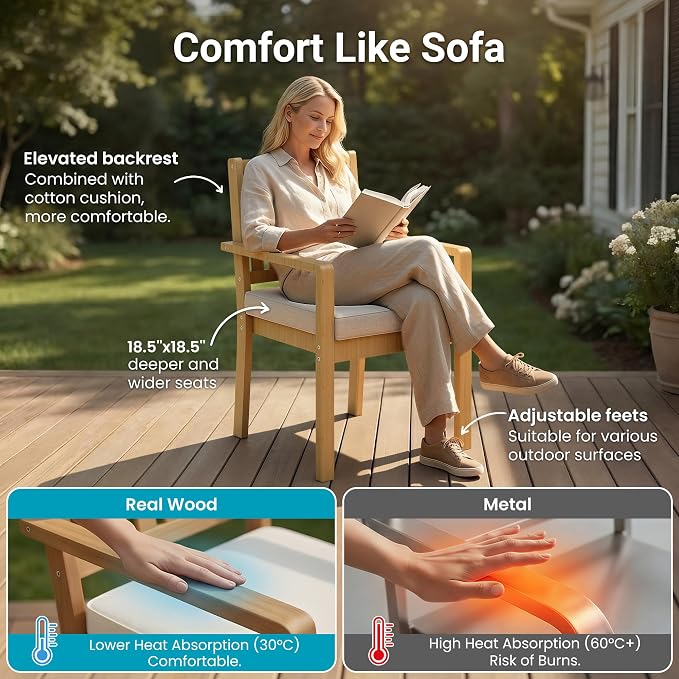FansaFurn Acacia Patio Chairs Set of 2 for All-Weather, Solid Wood Outside Furniture with 3.1" Thick Cushions, Modern Outdoor Chairs for Backyard, Porch, Garden, Indoor Use, Brown