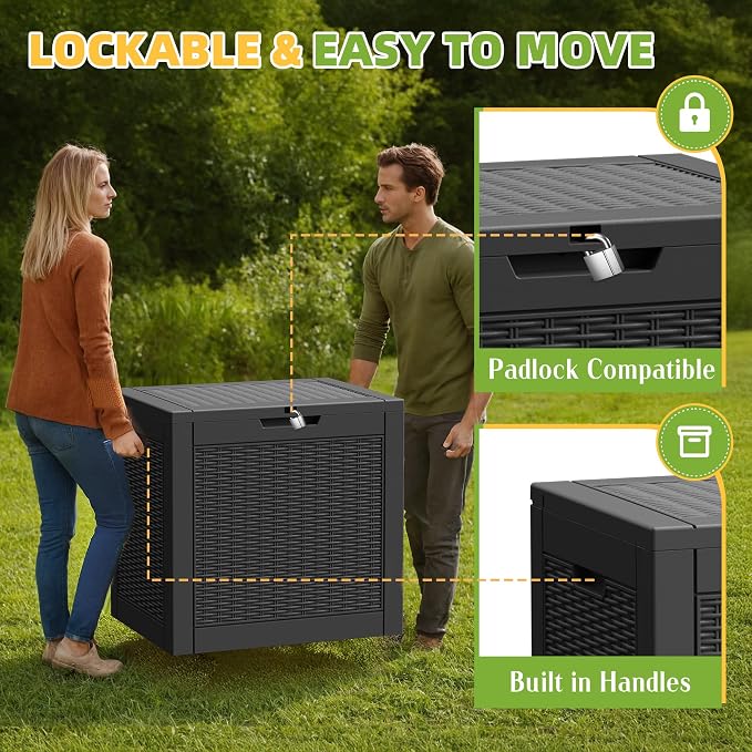 Vixzen 31 Gallon Waterproof Large Deck Box, Lockable Resin Outdoor Storage Box with Hydraulic Lid, Durable Storage Bin for Patio Furniture Cushions, Garden Tools, Pool Accessories, Black