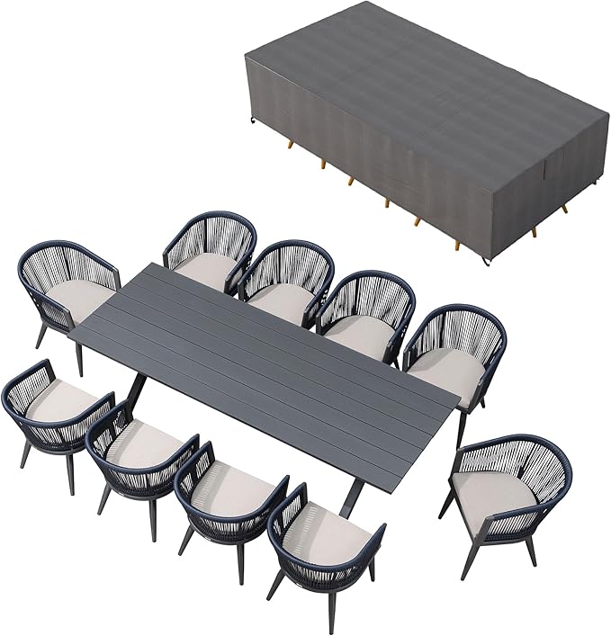 PURPLE LEAF Outdoor Dining Set with Waterproof Furniture Cover 11-Piece All-Weather Patio Set for 10 with Gray Aluminum Table Rope Weave Chairs and Cushions, Gray