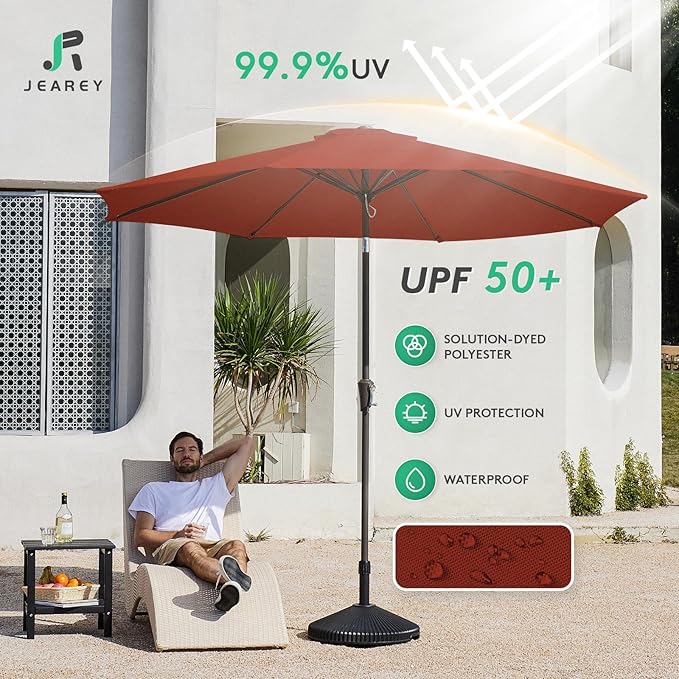 JEAREY Outdoor Patio Umbrella 9FT Outdoor Table Umbrella with Push Button Tilt and Crank, Market Umbrellas 8 Sturdy Ribs UV Protection Waterproof for Garden, Deck, Pool (Cherry Red)