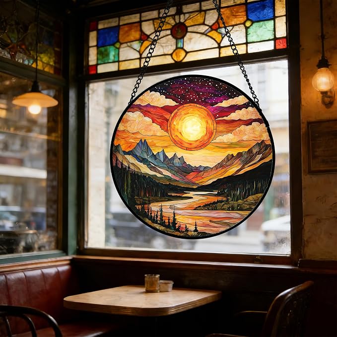 DASTOLL Stained Glass Window Hanging, Dusk Sunset Landscape Sun Catchers Glass Panel Lakes and Mountains Suncatcher Decor for Birthday for Women, Men, Wife, Aunt, and Mom 6.3 in