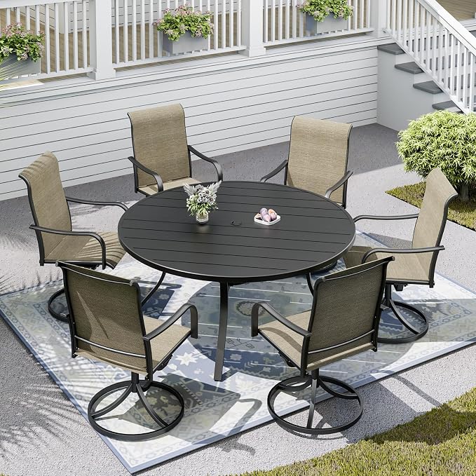 Patio Table and Chairs Set for 6 Person,54" Round Steel Slat Outdoor Table with 6 Breathable Textilene Swivel Chairs for Deck/Backyard/Poolside/Garden