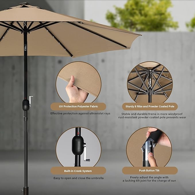 Simple Deluxe 9' Solar Umbrella 32 LED Lighted Patio Umbrella Table Market Umbrella for Garden, Deck, Backyard and Pool