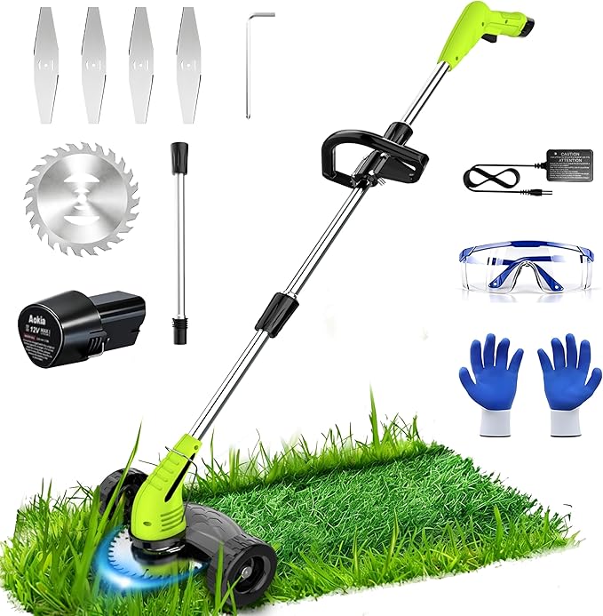 Electric Weed Wacker Cordless, 12V Battery Powered Weed Eater Cordless with 65inch Adjustable Pole, Lightweight (3.72lbs) Grass Trimmer Cutter/Edger/Mower with 2 Types Blade for Yard Lawn and Garden