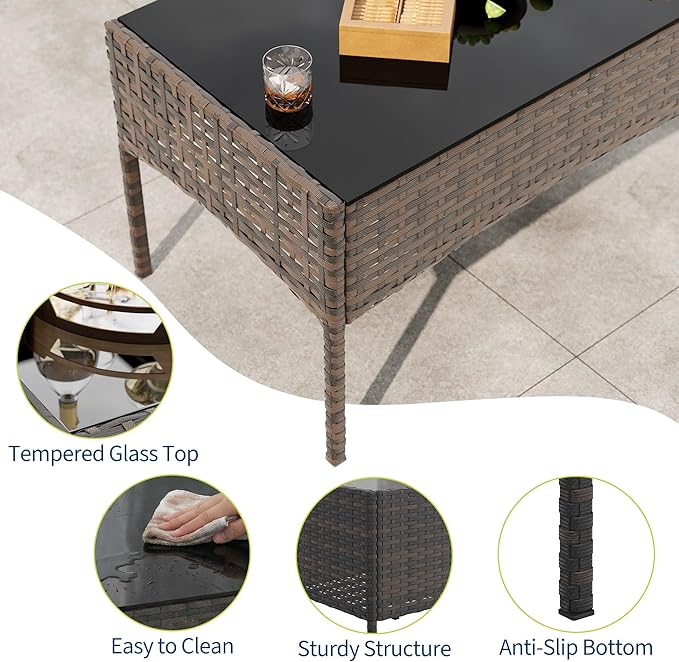 4-Piece Outdoor Furniture Set, PE Rattan Wicker Chairs with Soft Cushions & Tempered Glass Coffee Table - All-Weather Patio Set for Garden, Backyard, Porch, Poolside (Brown/Navy Blue)