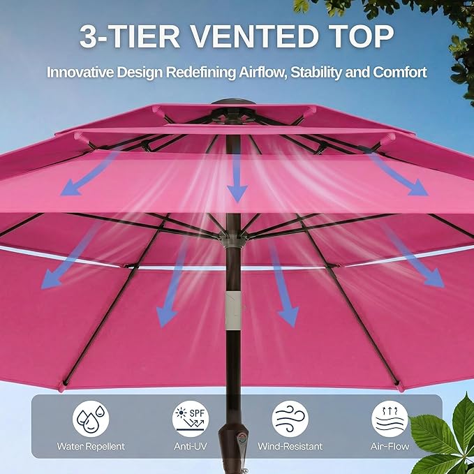 10ft Patio Umbrella, 3 Tier Outdoor Market Table Umbrellas with 8 Fiberglass Ribs and Push Button Tilt, Windproof, Vented Canopy, UV Protection for Deck, Pool, Backyard