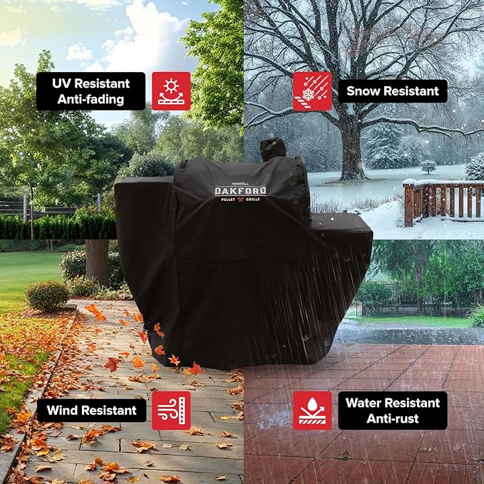 Oakford Heavy-Duty Pellet Grill Cover, Compatible with Oakford Wood Pellet Grill Model 910-05003, Full-Length BBQ Cover with Vented Mesh and Secure Straps, Black - 700-05003