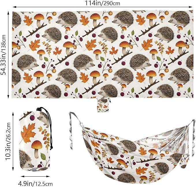 Camping Hammock Outdoor Hammocks for Outside Hedgehog Leaf Mushroom Beach Trees Portable Lightweight with Pockets Tree Straps Indoor Small