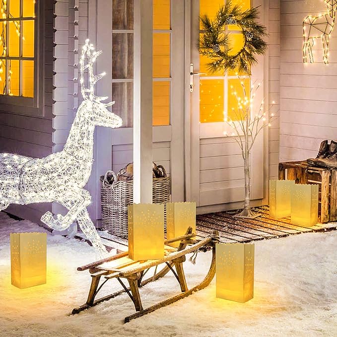 AceList 30 Set Luminaries Bag with Flameless Candles， Flickering LED Tea Lights with Paper Luminary Bags Battery Operation for Wedding Party,Halloween, Thanksgiving, Christmas Decoration（Sun）