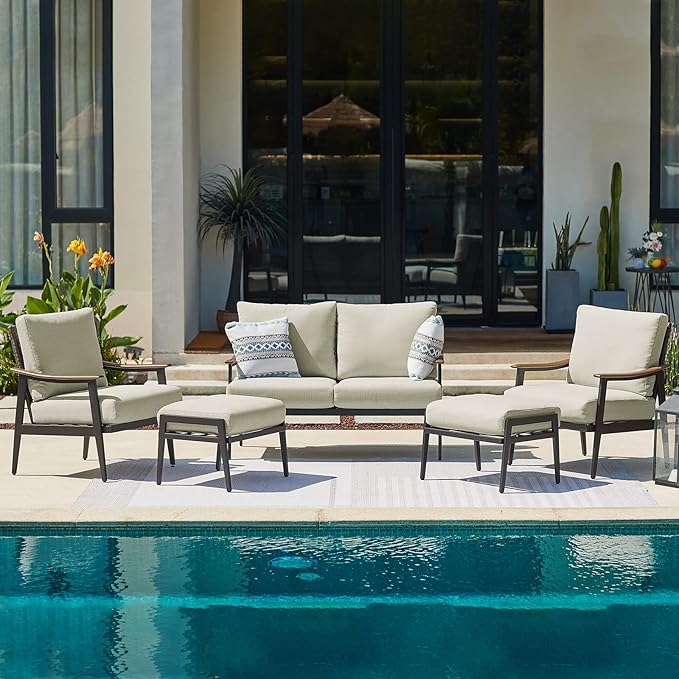 NATURAL EXPRESSIONS 5 Pieces Patio Furniture Set, Outdoor Furniture Sofa Sectional Modern Metal Patio Conversation Set with High Back Wicker Backrest & Loveseat for Balcony, Backyard, Deck, Porch